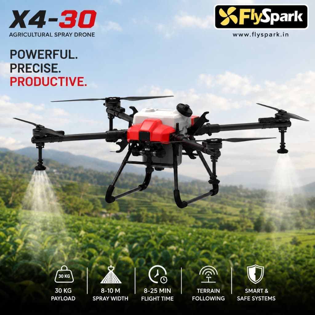 FlySpark X4-30 Agriculture Spraying UAV | 30L Crop Spraying Drone with GPS / RTK Options, 8-10m Spray Width, Terrain Radar & Obstacle Avoidance