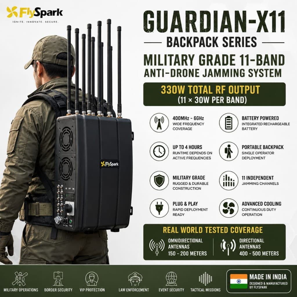 FlySpark Guardian-X11 Backpack Military Grade 11-Band Portable Anti-Drone Jamming System (330W Total RF Output | 400MHz–6GHz)