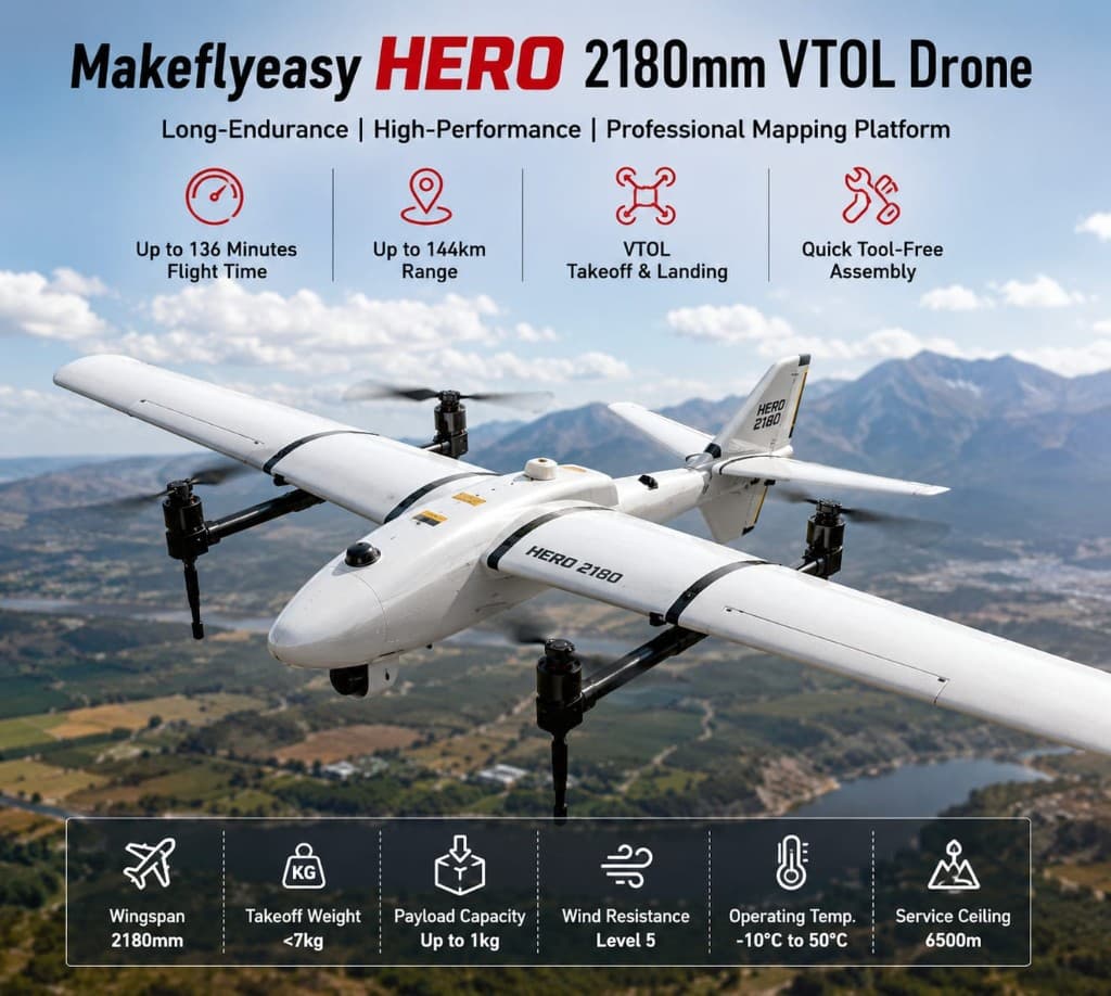 FlySpark Makeflyeasy Hero 2180mm VTOL Mapping & Survey Drone Platform | 136-Min Endurance | 144km Range | Professional Fixed-Wing VTOL UAV